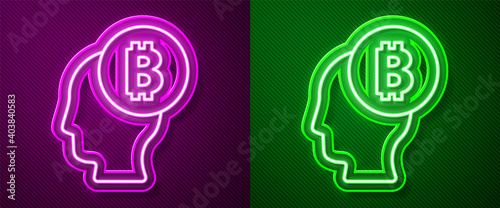 Glowing neon line Bitcoin think icon isolated on purple and green background. Cryptocurrency head. Blockchain technology, digital money market, cryptocoin wallet. Vector.