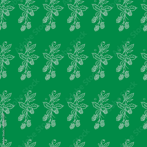 Line drawn doodle branch of blackberry on bright aquamarine background. Seamless summer cute pattern. Good for packaging