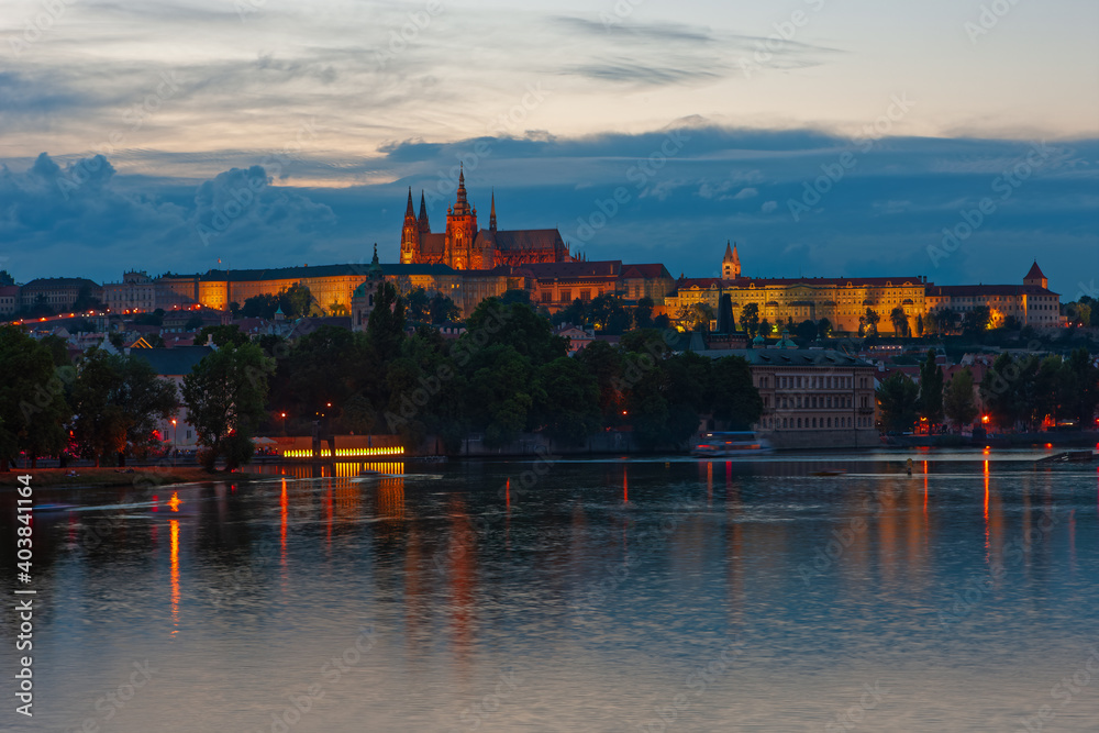 Evening view of Prague Castle and Charles Bridge over Vltava river from Novotneho Lavka, Prague, Czech