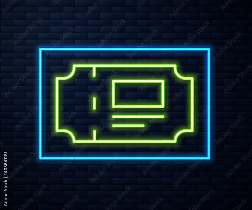 Glowing neon line Museum ticket icon isolated on brick wall background. History museum ticket coupon event admit exhibition excursion. Vector. Glowing neon line Museum ticket icon isolated on brick wall background. History museum ticket coupon event admit exhibition excursion. Vector.