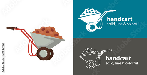 handcart isolated vector flat icon. handcart with sand and stones line solid design element