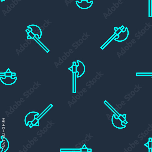 Green line Medieval axe icon isolated seamless pattern on blue background. Battle axe, executioner axe. Medieval weapon. Vector.