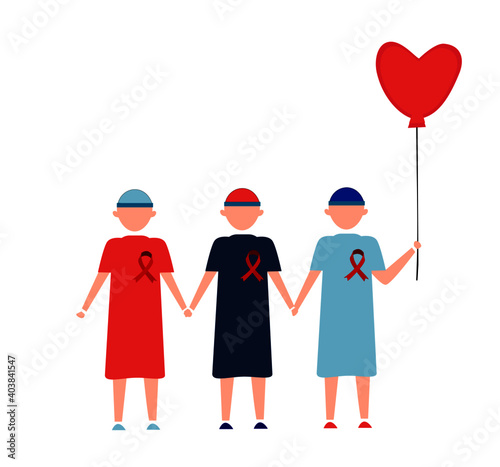Illustration of boys with cancer, holding a heart-shaped balloon, world cancer day, children, adolescents and adults, red ribbon, etc