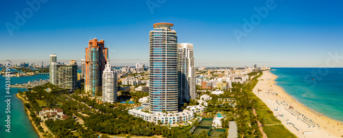 Aerial panorama Miami Beach condominiums parks and beach