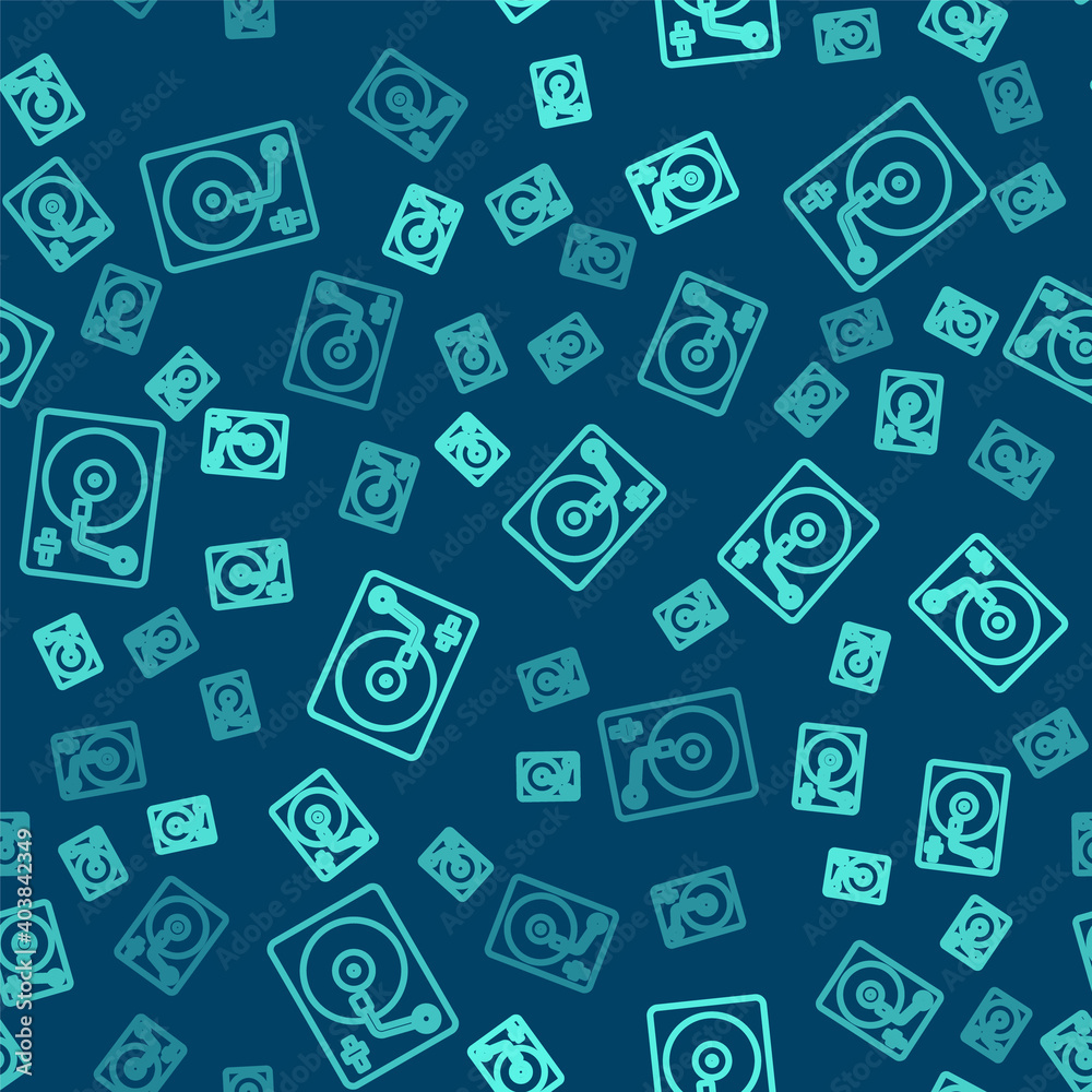 Green line Vinyl player with a vinyl disk icon isolated seamless pattern on blue background. Vector.