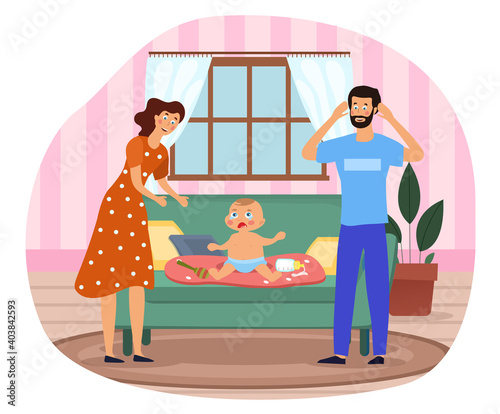 Pressurised parents with a crying baby on a sofa in the living room as the father wrings his hands, colored cartoon vector illustration