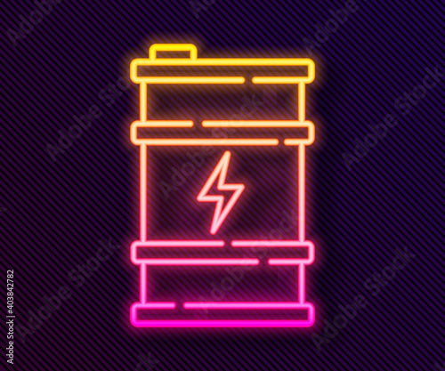Glowing neon line Bio fuel barrel icon isolated on black background. Eco bio and canister. Green environment and recycle. Vector.