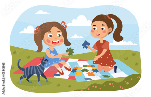 Two young girls playing with a jigsaw puzzle outdoors on a rug on the grass watched by their pet cat, colored vector illustration