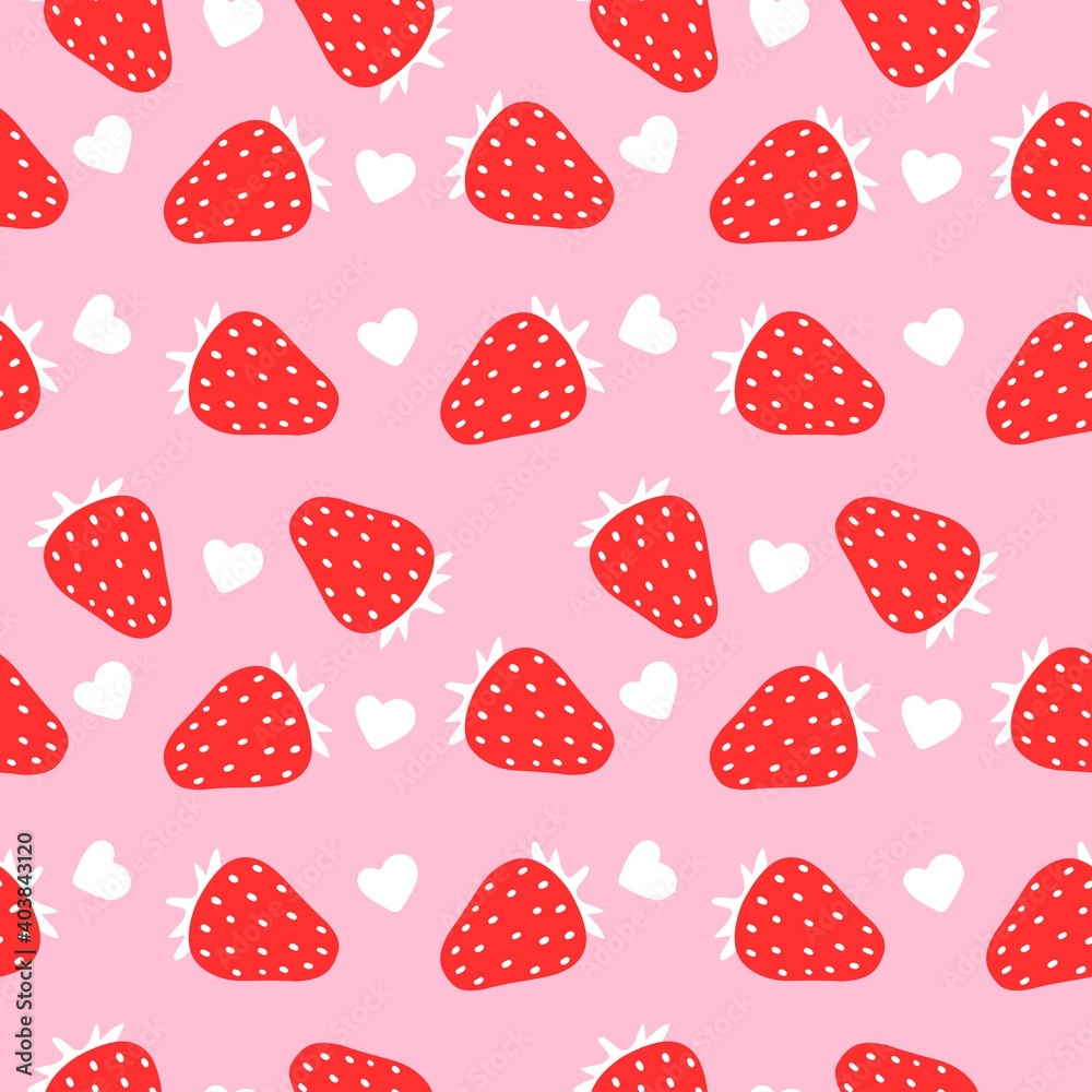 Seamless vector pattern Valentines  day with heart, strawberry  isolated on pink background. Design for textile, fabric, wrapping, wallpaper, backdrop, card, note, invitation