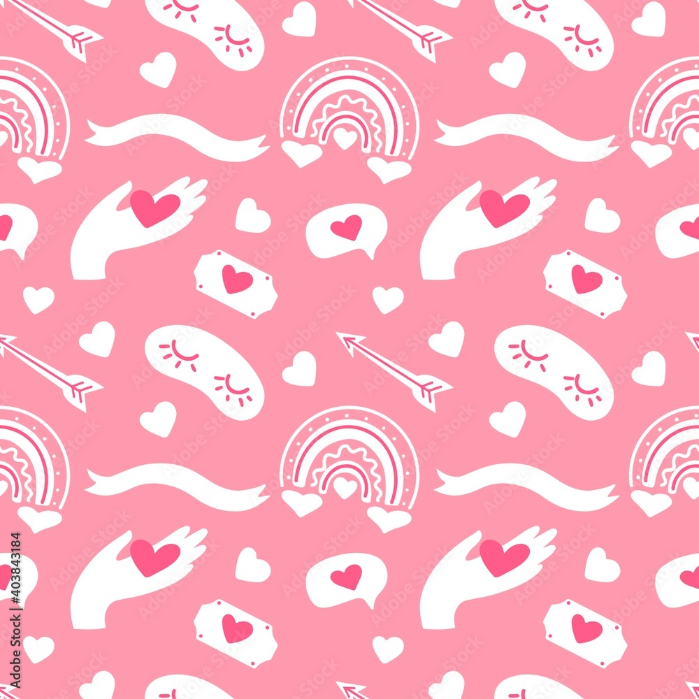 Seamless vector pattern Valentines  day with heart, hand, rainbow, ribbon, bubbles, arrows on pink background. Design for textile, fabric, wrapping, wallpaper, backdrop, card, note, invitation