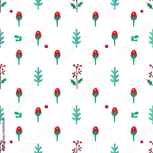 Christmas background with leaves and berries. Vector color illustration isolated on white background.
