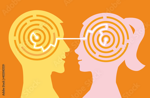 Man woman understanding,labyrinth concept.
Male anf female stylized heads silhouettes with maze symbolizing understanding between man and woman. Vector available.