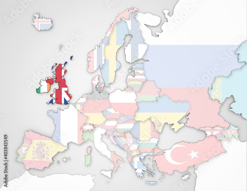 3D Europakarte auf die Britischen Inseln hervorgehoben werden und die restlichen Flaggen transparent sind