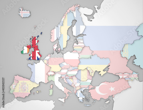 3D Europakarte auf die Britischen Inseln hervorgehoben werden und die restlichen Flaggen transparent sind