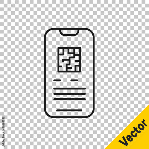 Black line Online ticket booking and buying app interface icon isolated on transparent background. E-tickets ordering. Electronic train ticket on screen. Vector.