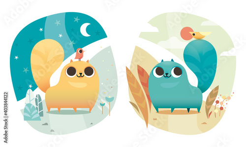 chat jour nuit ami oiseau douceur tendresse illustration