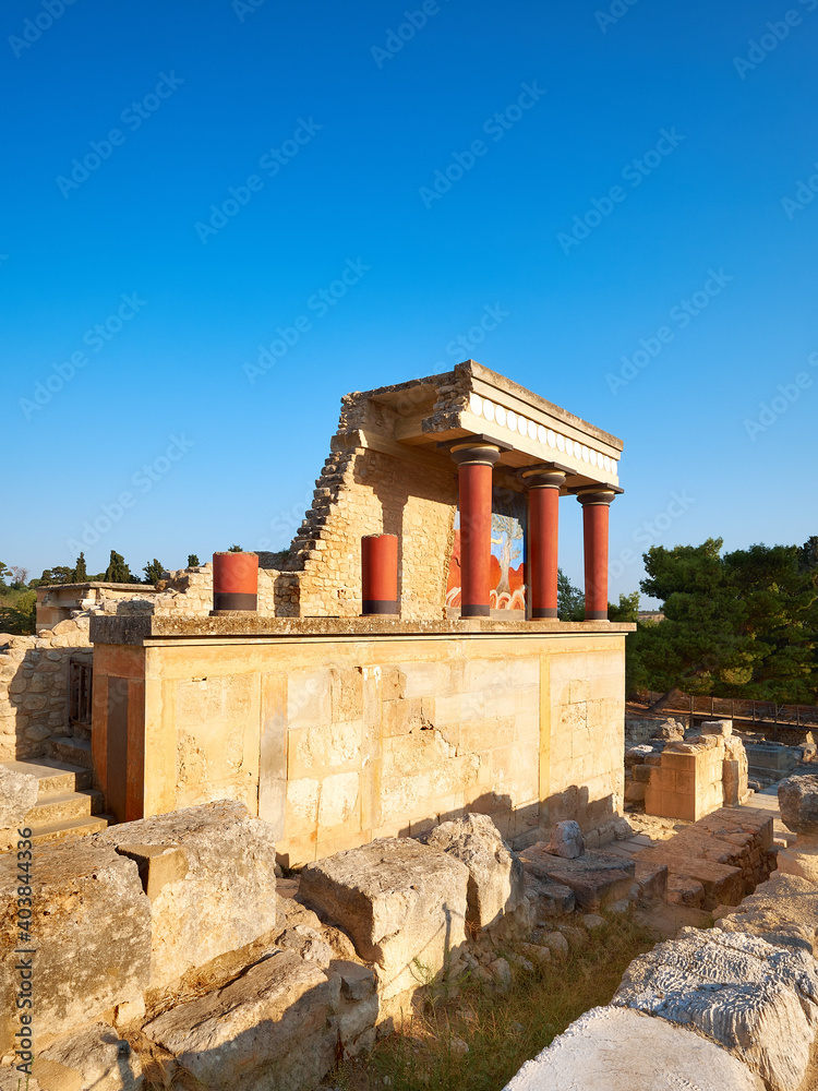 Temple of Cnossos. The North Portico in Knossos, Crete, Greece with blue sky. Knossos is the largest Bronze Age archaeological site on Crete.