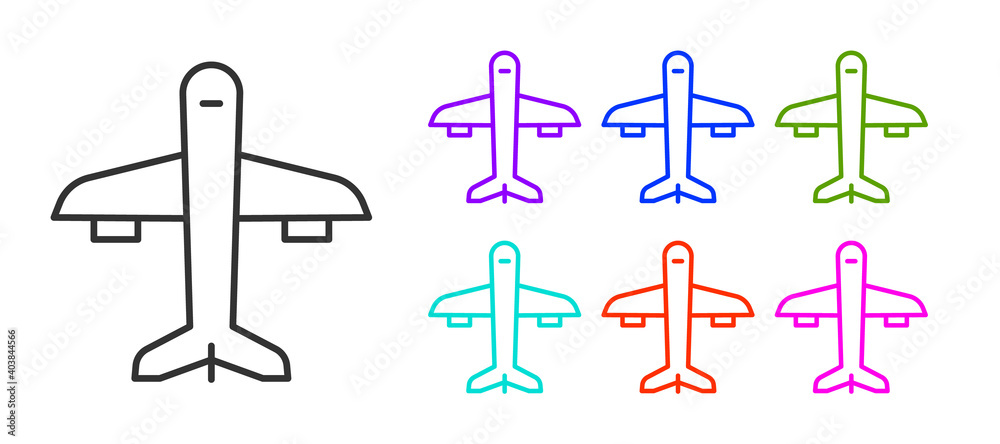Black line Plane icon isolated on white background. Flying airplane icon. Airliner sign. Set icons colorful. Vector.