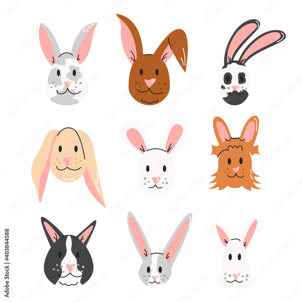 Easter bunny, rabbit faces isolated on white background. Set of cute cartoon animals. Hare breed collection. Design elements for religious holiday, graphic print. Vector flat linear illustration