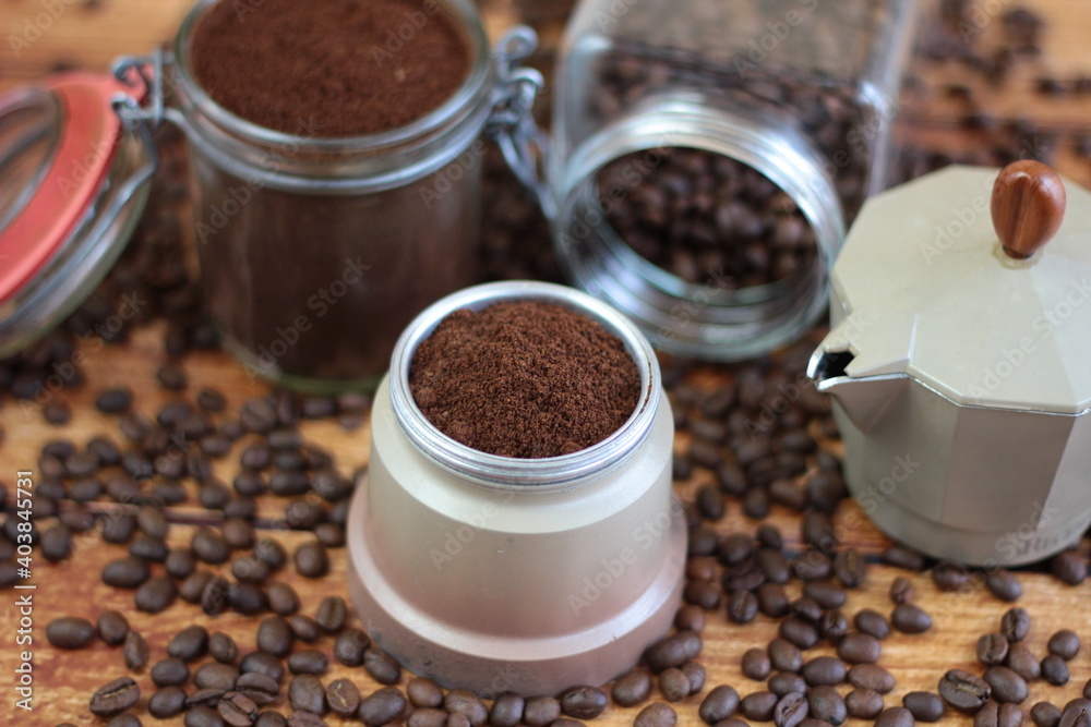 Moka pot (coffee percolator) filled with coffee Moka pot (coffee percolator) filled with coffee