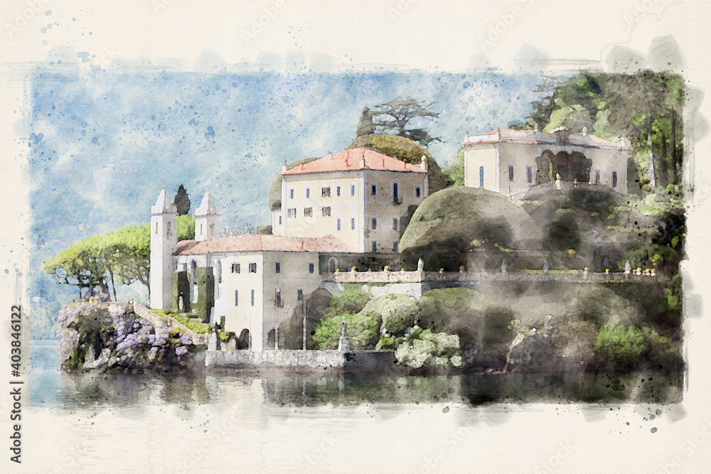 Villa del Balbianello in Lenno, Lombardy, overlooking Lake Como in northern Italy. Watercolor Illustration.
