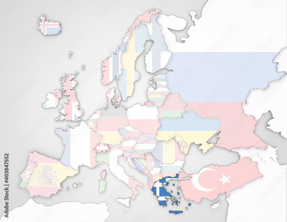 3D Europakarte auf der Griechenland hervorgehoben wird und die restlichen Flaggen transparent sind