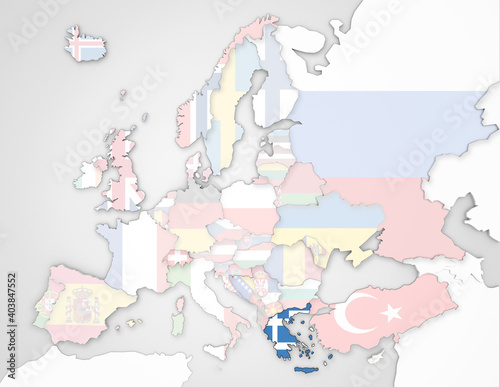 3D Europakarte auf der Griechenland hervorgehoben wird und die restlichen Flaggen transparent sind