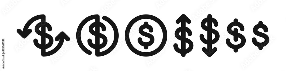 Dollar icon vector collection, money finance symbol set, cash income linear investment graphic outline illustration. Dollar icon vector collection, money finance symbol set, cash income linear investment graphic outline illustration.