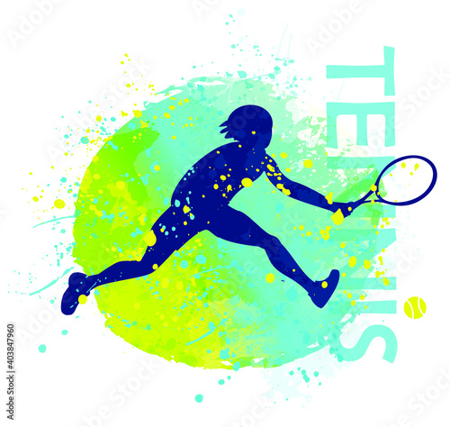 Abstract silhouette of tennis player training. Vector illustration