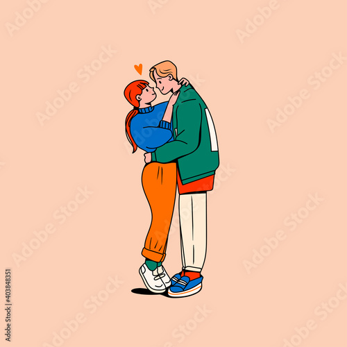 Young couple in love enjoying each other. Hugging and kissing. Happy together. Trendy clothes. Fashion look. Romance, Valentine's Day concept. Cartoon comic style. Hand drawn Vector illustration
