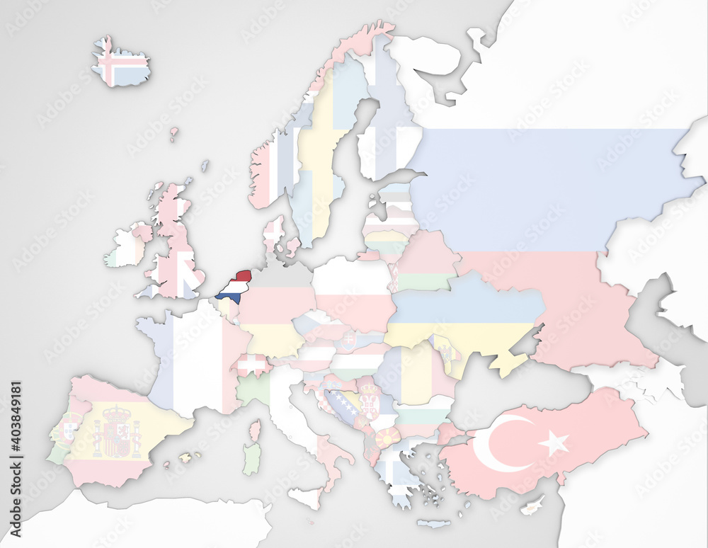 Fototapeta 3D Europakarte auf die Niederlande hervorgehoben wird und die restlichen Flaggen transparent sind