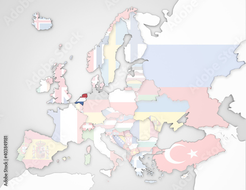 3D Europakarte auf die Niederlande hervorgehoben wird und die restlichen Flaggen transparent sind