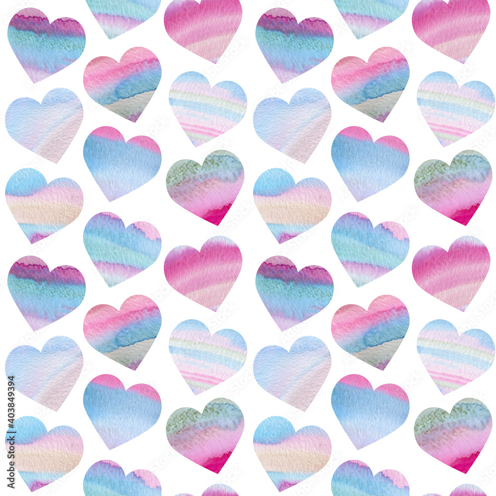 Watercolor pattern blue and pink gradient hearts. Valentine's day decoration. Hand-drawn background of rainbow hearts.