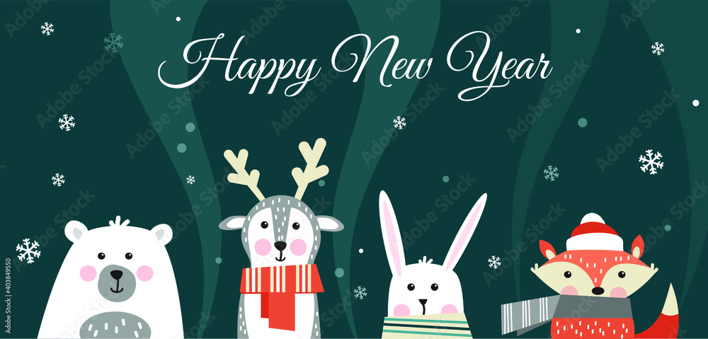 Cute winter animals with scarfs. Merry chritmas and happy new year. Happy holiday. Vector illustration
