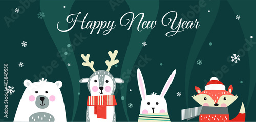 Cute winter animals with scarfs. Merry chritmas and happy new year. Happy holiday. Vector illustration
