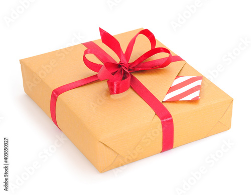 Gift box with red ribbon.