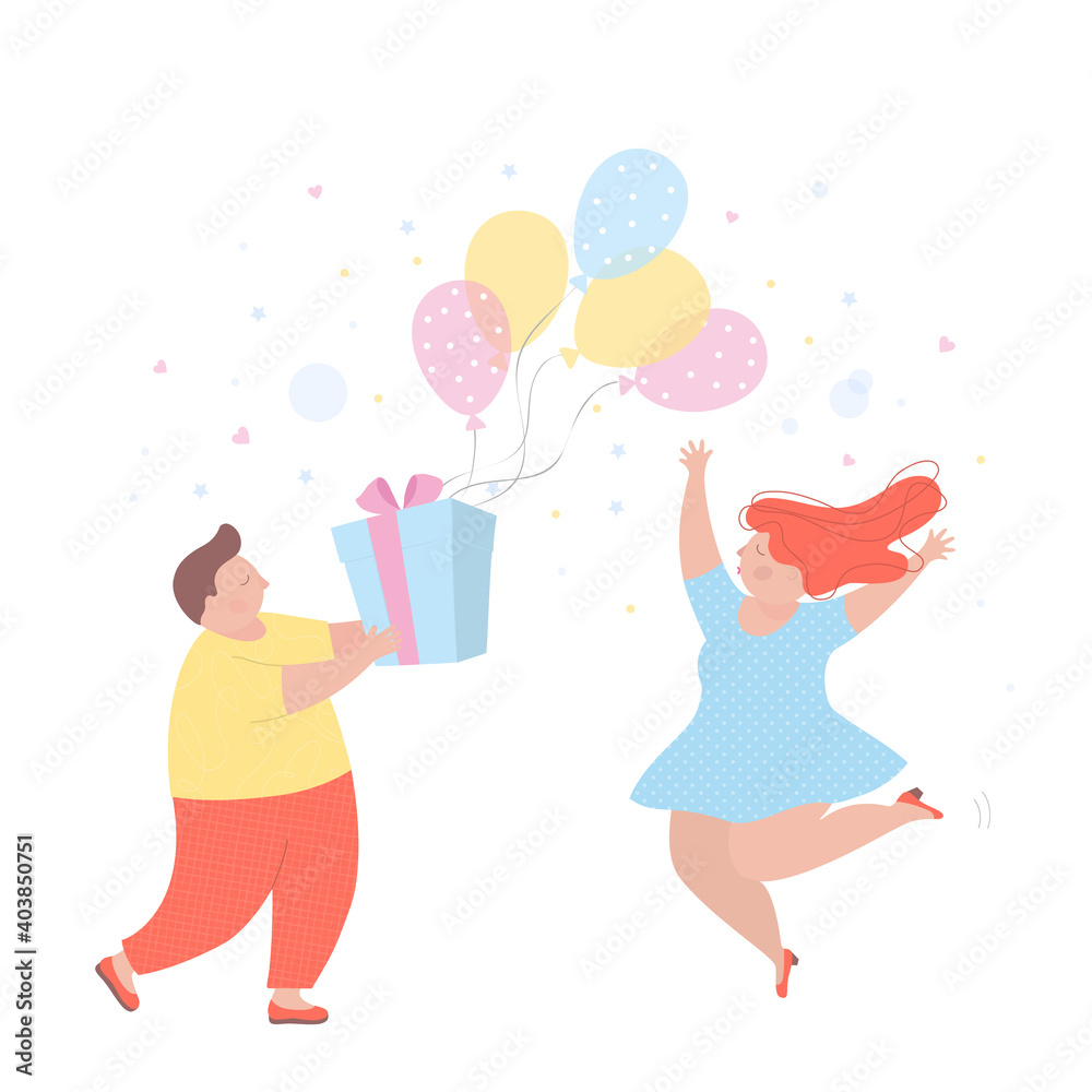 Vector illustration of a young man giving a box with a gift.Cute woman jumping with her hands up.Flat design of funny characters. Vector illustration of a young man giving a box with a gift.Cute woman jumping with her hands up.Flat design of funny characters.