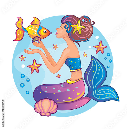 Beautiful princess with golden fish. Sweet mermaid in the sea. Funny fairy. Isolated image on white background. Cartoon illustration for children s print  sticker. Wonderland. Cute doll or toy. Vector