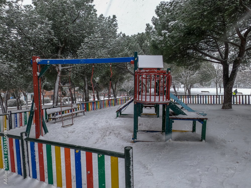 Snow in Madrid's children's park in January 2021 Snow in Madrid's children's park in January 2021
