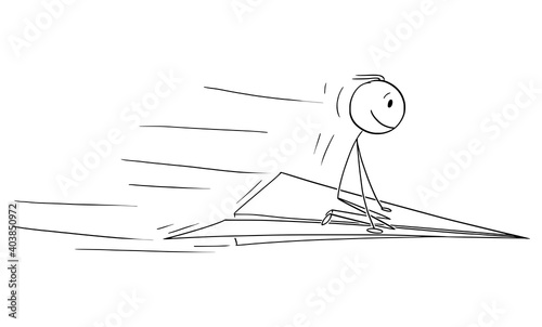 Vector cartoon stick figure illustration of man or businessman flying on paper airplane. Concept of success and inspiration.