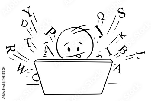 Vector cartoon stick figure illustration of writer,novelist, author, man or businessman typing or working on computer. Letters are flying around.