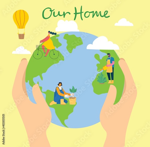 Earth day concept. Human hands holding floating globe in space. Save our planet. Flat vector isolated illustration.