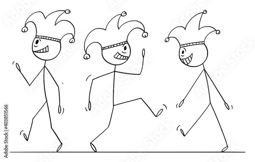Vector cartoon stick figure illustration of people,madmen,men,jesters or fools walking in cap and bells fool's cap.