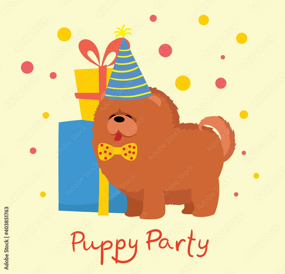 Puppy party background. Cute greeting card with presents and puppy Puppy party background. Cute greeting card with presents and puppy