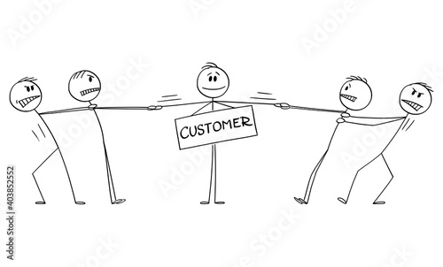 Vector cartoon stick figure illustration of two groups of businessmen playing tug-of-war for client, stealing or poaching of customer. Concept of offer and advertising.