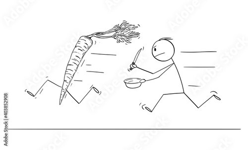 Vector cartoon stick figure illustration of cook or man with bowl and kitchen knife chasing carrot. Concept of vegetable eating and healthy lifestyle.