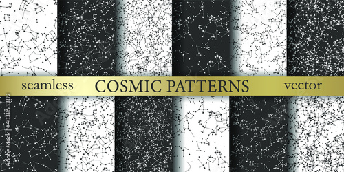 Collection of stars patterns. Vector stellar constellation set. Cosmic pattern. Space zodiacal universe background set. Astronomy Astrology objects pack. For design, wrapping, textile, cover etc.	 photo