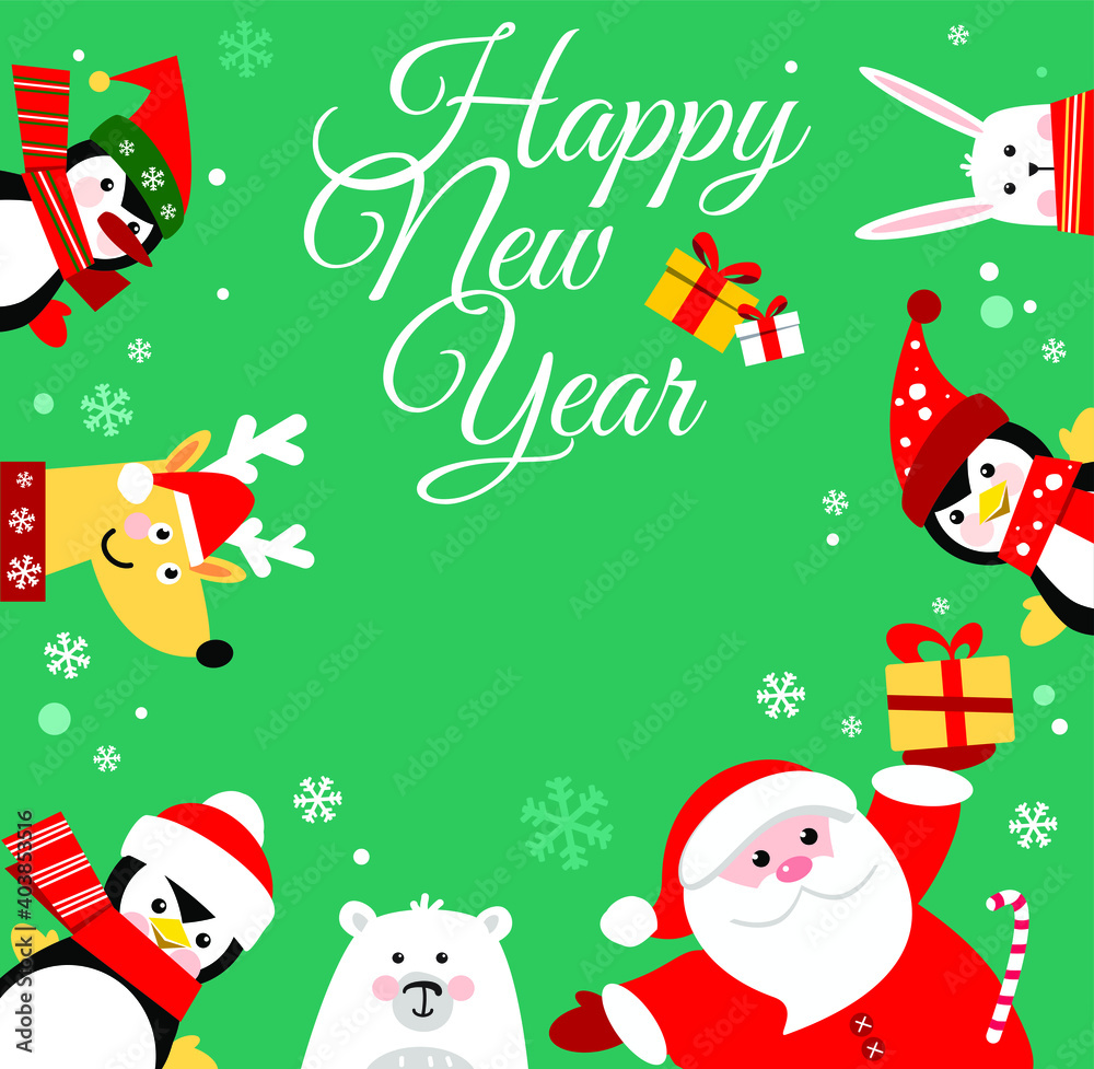 Fototapeta Cute winter animals and Santa. Merry christmas and happy new year. Happy holiday. Vector illustration.
