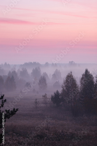 Dawn in the village of Dievo-Gorodishche, Yaroslavl region, Russia. photo