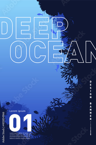 Graphic banner, deep ocean. Stylish poster on the theme of the sea. Deep sea peisage, corals and algae.